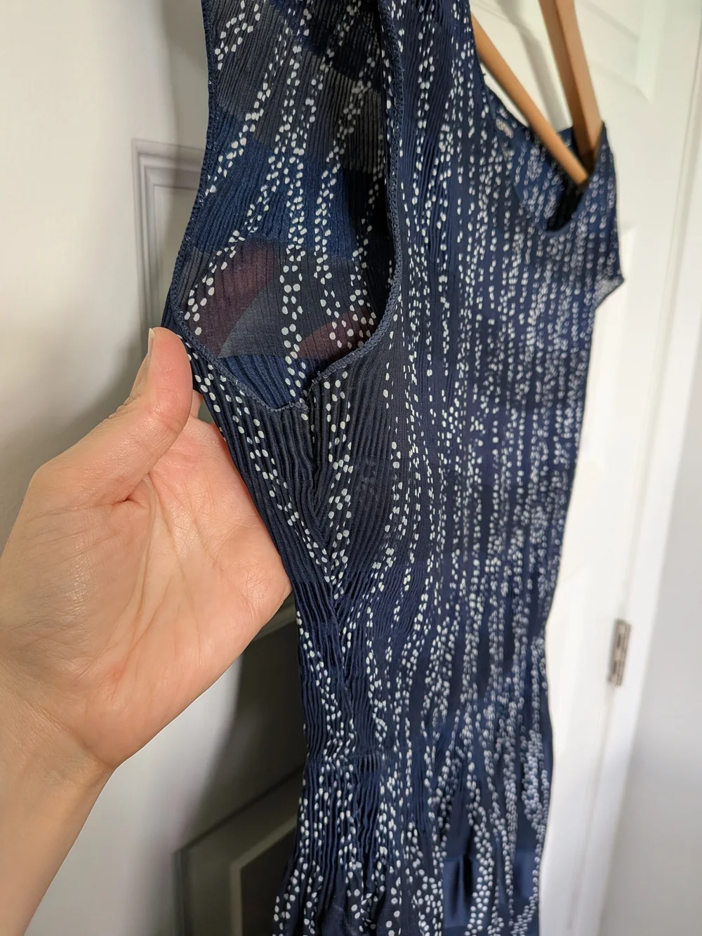 Navy Printed Cap-Sleeve Dress with Coral Hem - Picture 9 of 9